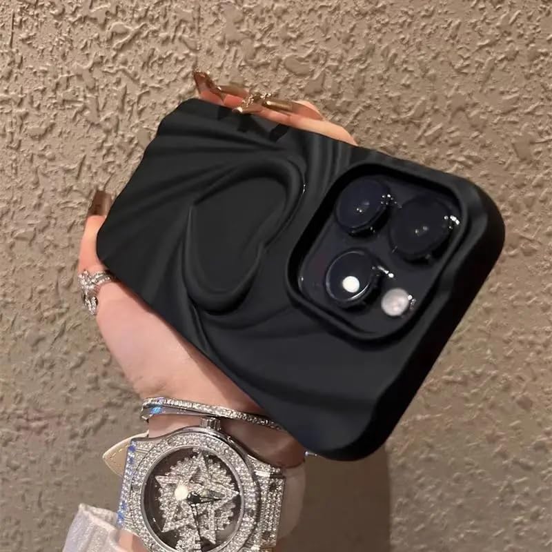 Image of COVERLY Heart Shape Design Back Case Cover for iPhone 15 Pro Max | Hot 3D Embossed Wrinkle Cute Silk Pattern | Love Trendy Matte TPU | Soft Silicone Fashion Aesthetic Cover for Girls & Women (Black)