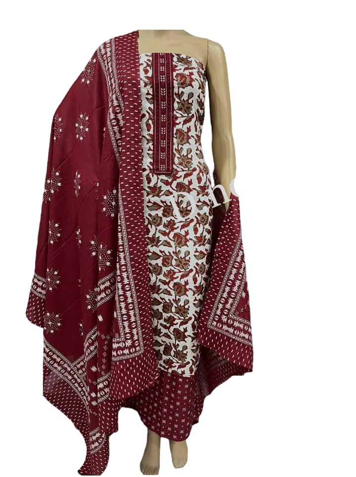 Tendisha Women's Cotton Printed Unstitched Salwar Suit Dress Material With Printed Dupatta (Free Size) - Red-image-17
