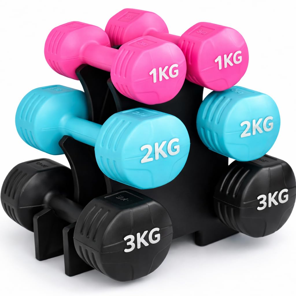 Tanness 12KG Dumbbells Set 6pc with Dumbbell Rack โ Adjustable Free Weights Set for Women Men Home Gym Strength Training, Hand Weights 1kg 2kg 3kg Pairs, Pink Blue Black