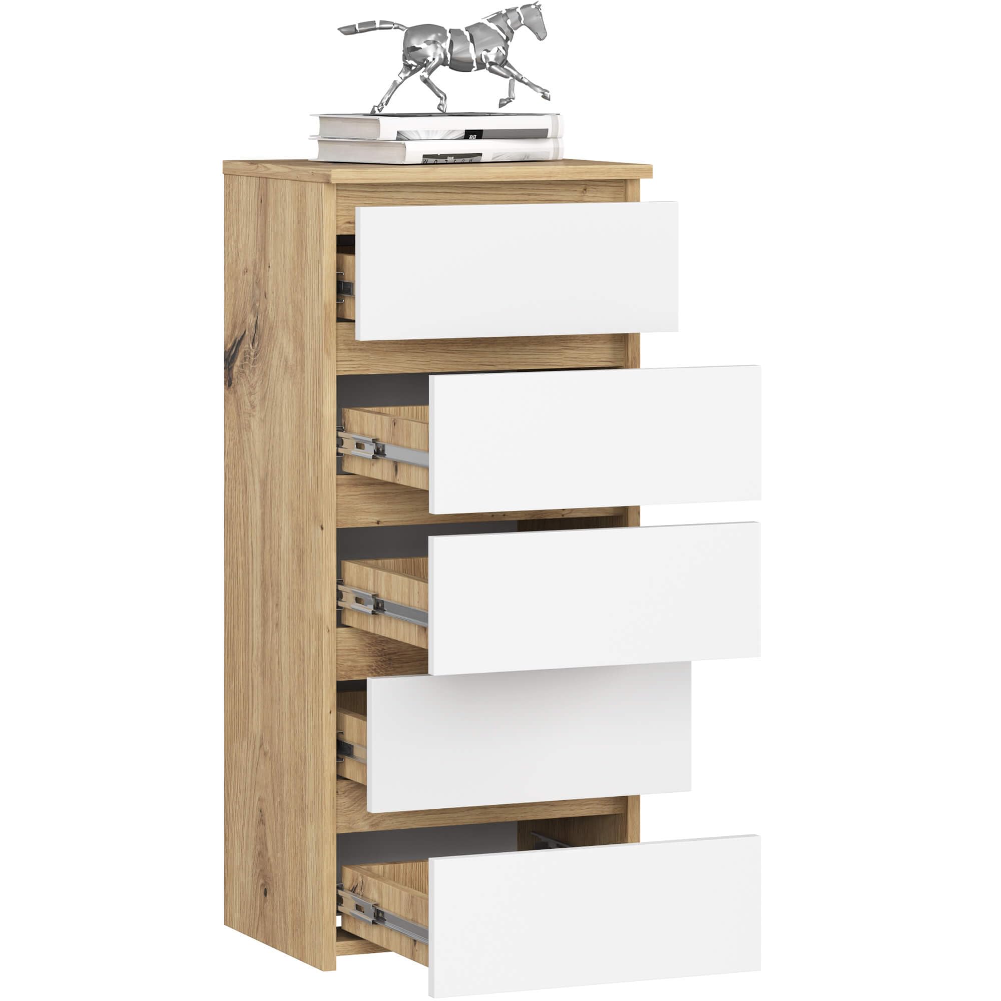 AKORD | Cómoda con 5 cajones | Cómoda Alta | Mueble Moderno para Sala de Estar, Comedor, Dormitorio, Entrada, baño | Armario para habitación Infantil | 35x40x92 cm | Roble Artisan & Blanco Frente