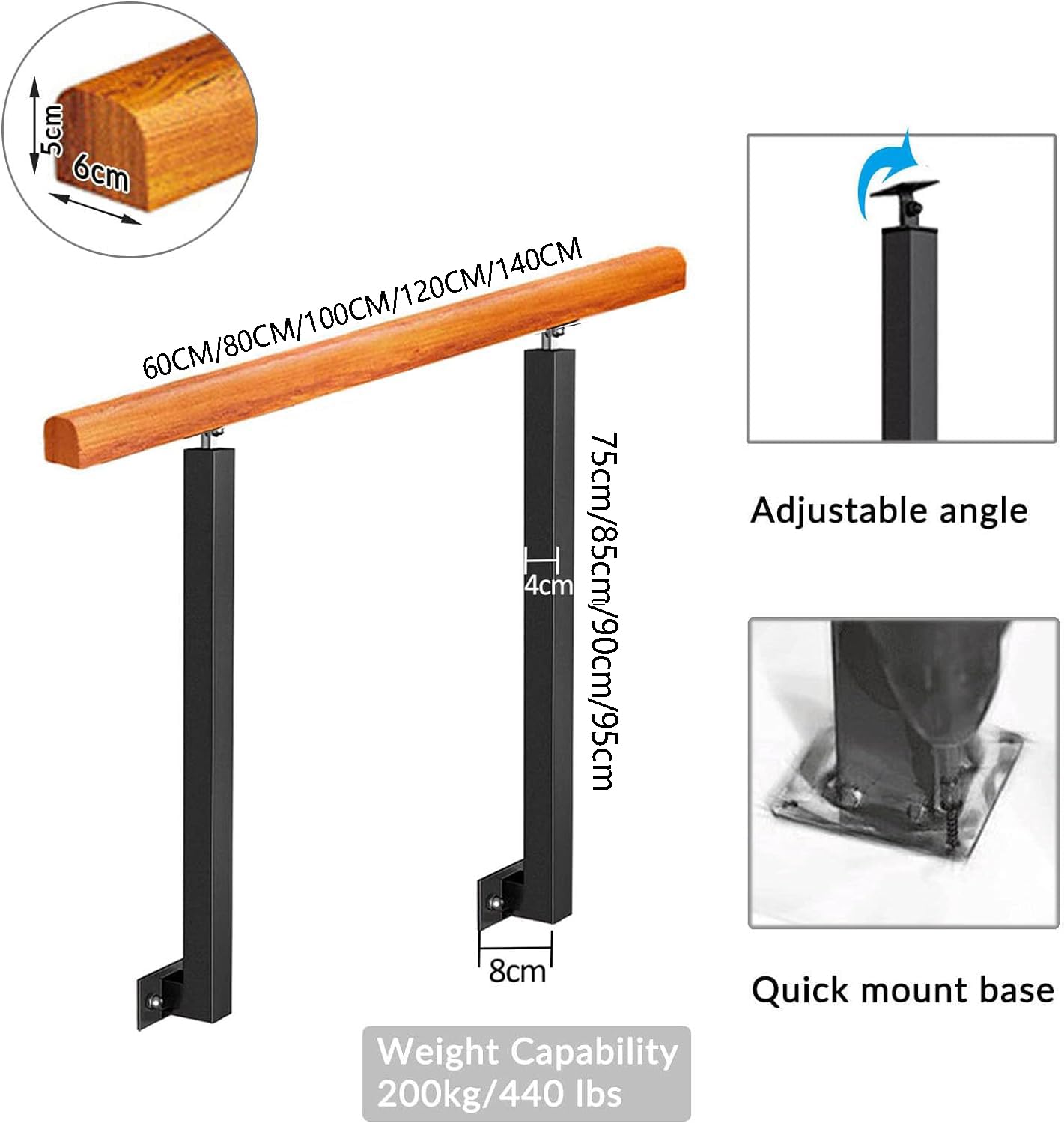 Woodenfor - Barandilla de escalera para exteriores, 1 3 peldaños con 2 piquetes de hierro forjado para escalones seguros (tamaño: 80 cm, color: 90 cm de altura)