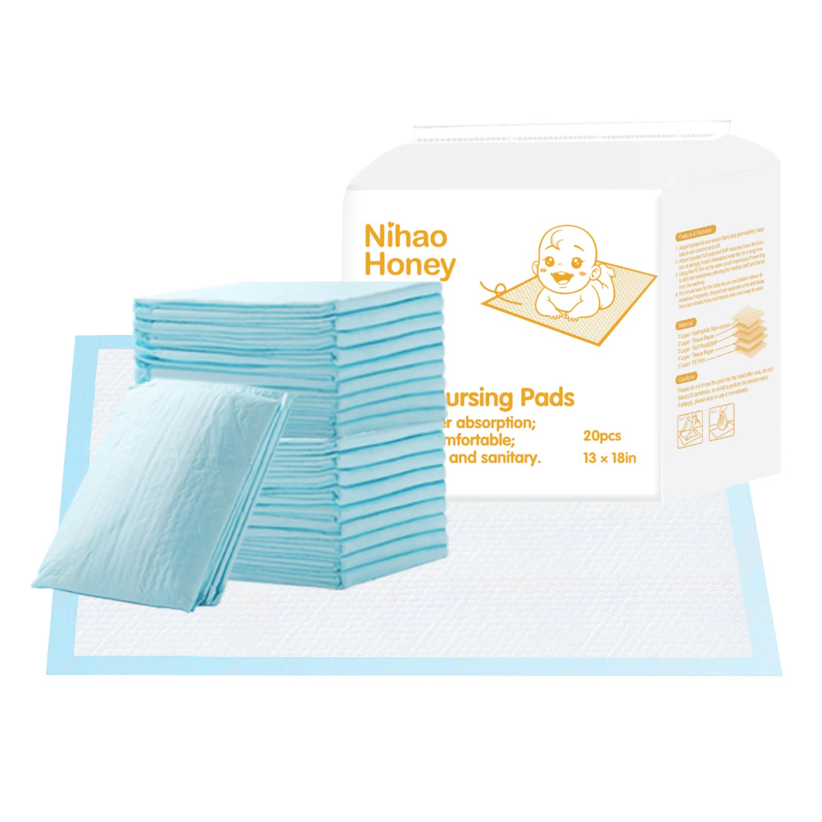 Nihao Honey Disposable Baby Diapers Baby Waterproof Urinal pad Change pad and Urinal pad 20 Pieces (Blue 13x18inch)-picture-12