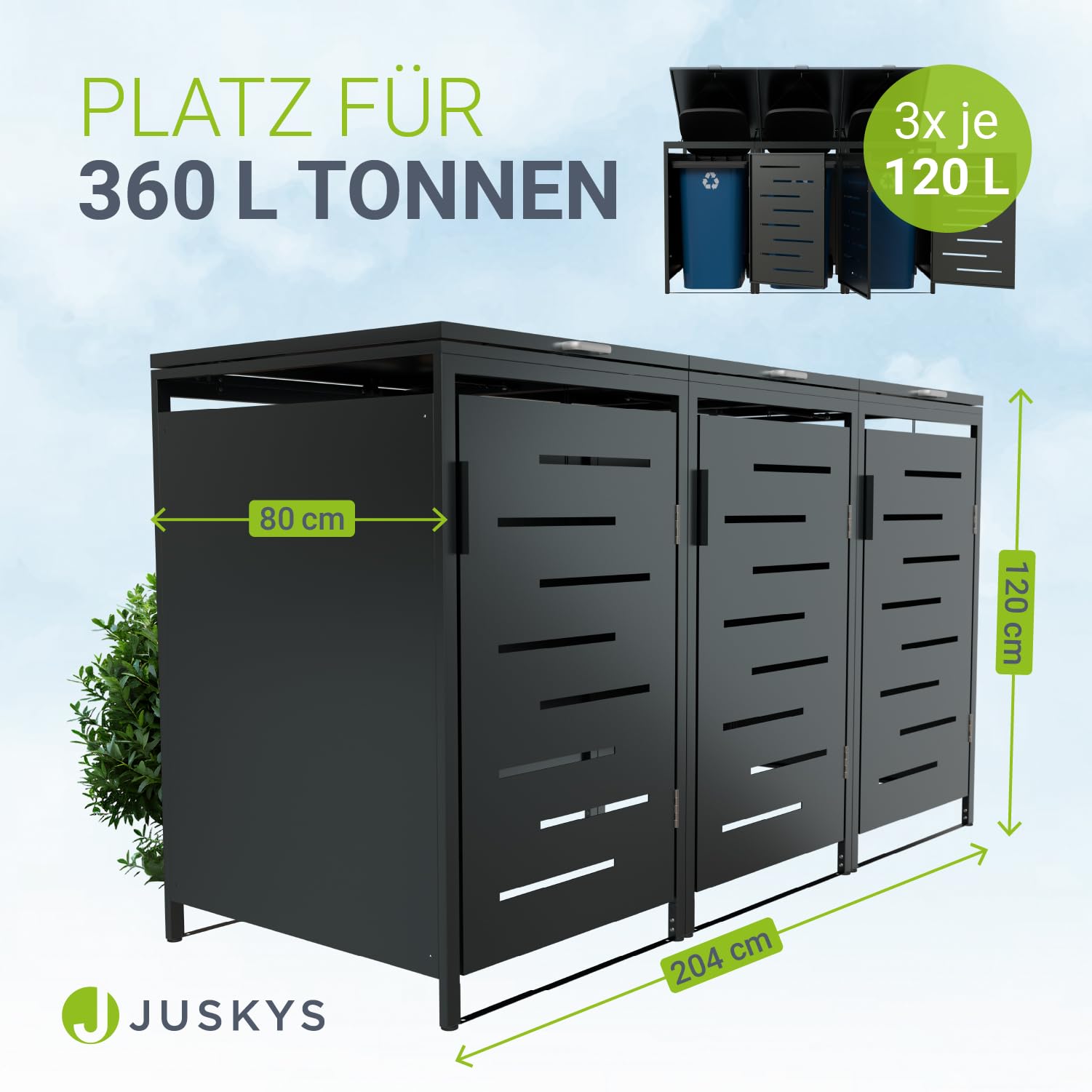 Juskys Mülltonnenbox Arel 3er - Metall Gartenbox für 120 BZW. 240 Liter Mülltonnen - Aufbewahrungsbox abschließbar - Unterstand mit Dach & Gasdruckfeder - Anthrazit