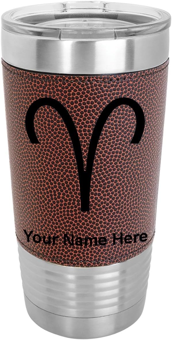 LaserGram 20oz Vacuum Insulated Tumbler Mug, Zodiac Sign Aries, Personalized Engraving Included (Faux Leather, Football Style)