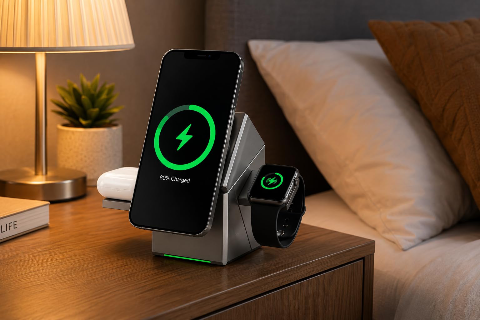 Chargeur sans Fil 3 en 1, 15W, Compatible Smartphones Android et Apple, Montres Connectées et Écouteurs sans Fil – Station de Charge Rapide Pliable et Compacte pour Bureau, Maison et Voyage