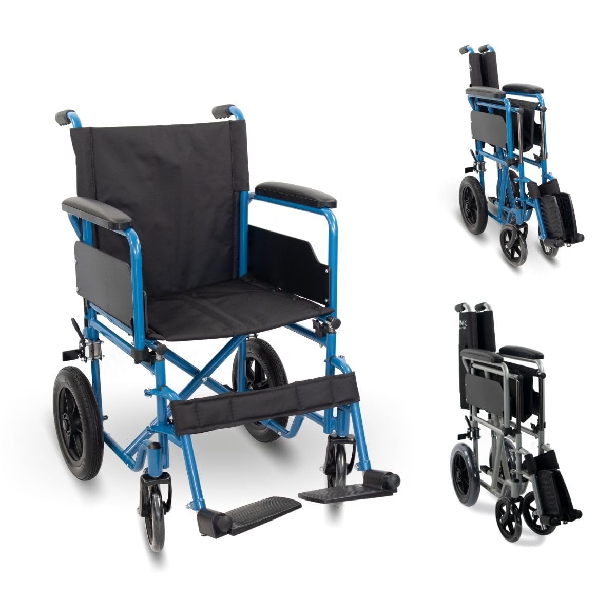 Mobiclinic®, Folding Lightweight Wheelchair, Marsella, Quick-Release castors at The Push of a Button, Seat 18.11 in, Sturdy, Folding armrests, Removable footrests (Blue)
