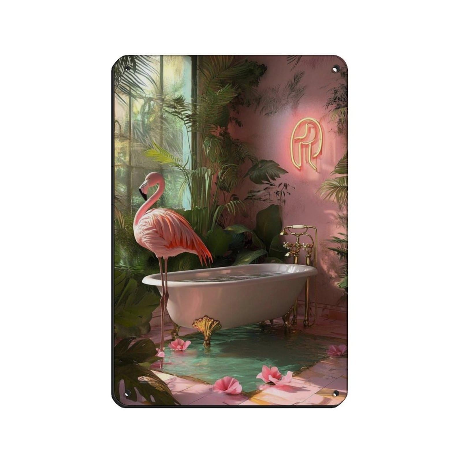 Flamingo Bathroom Art Pink Tropical Retro Poster Metal Tin Sign Chic Art Retro Iron Painting Bar People Cave Cafe Family Garage Poster Wall Decoration 8x12inch(20x30cm)