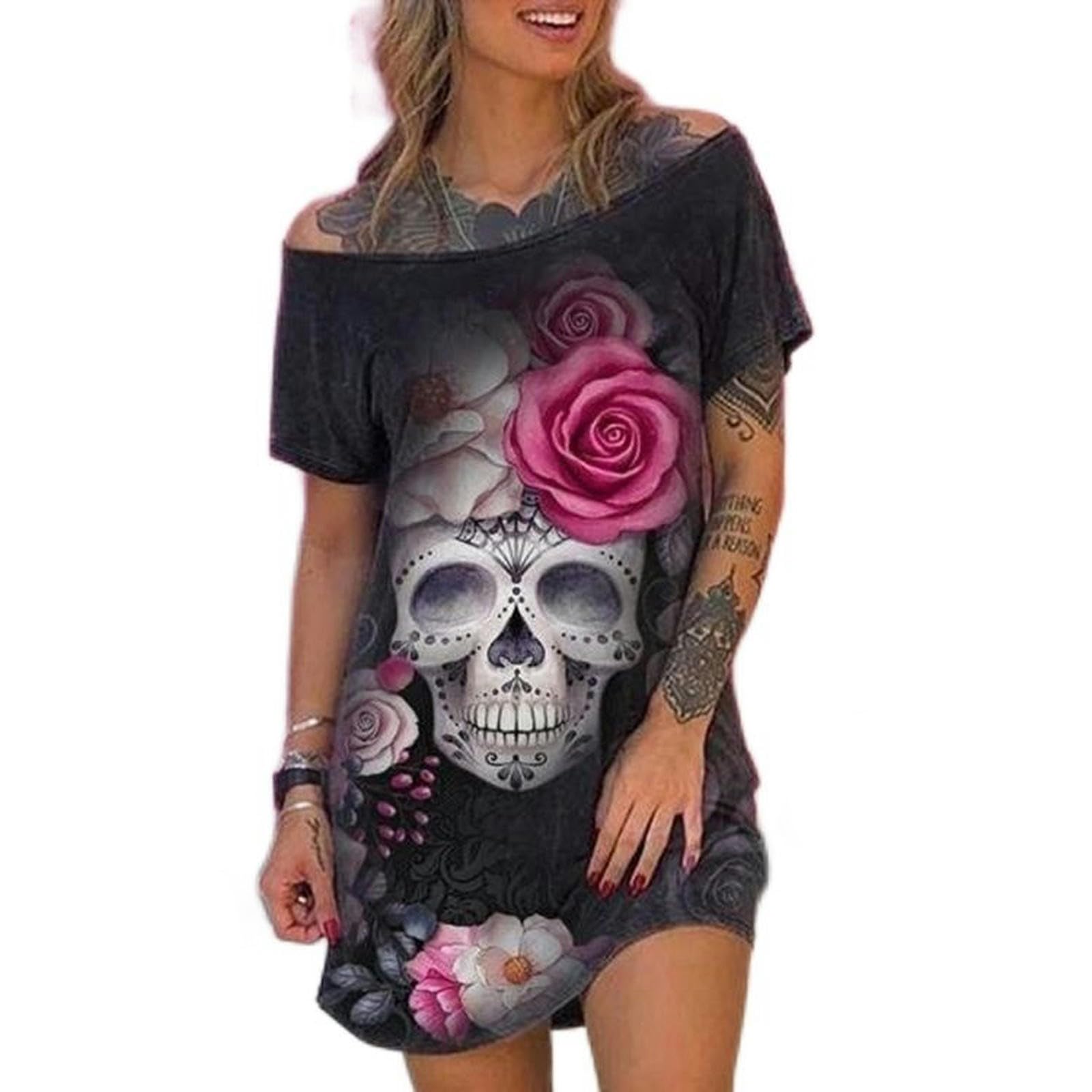 WEITING Robe de Grande Taille européenne et américaine à la Mode et Sexy épaule inclinée imprimé tête de Mort Jupe Courte à Manches Courtes pour Femme - Noir - 4XL