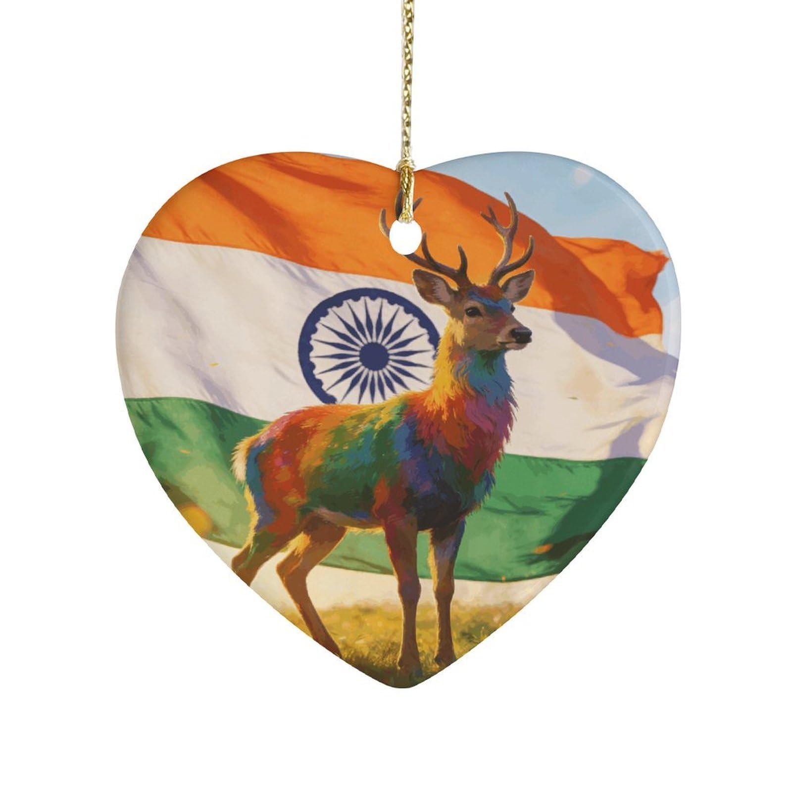 Khauerbc Style Colorful Deer And National Flagheart Shaped Ceramic Ornament With String,Ceramic Ornament,Two-Sided Printed For Christmas Tree And Holiday Decoration
