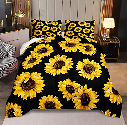 Black Sunflowers Comforter Set California King Size Black Yellow Comforter Yellow Flowers Printed Black Boys Girls Bedding Sets 3Pcs 1 Comforter 2 Pillowcases (California King, Black Sunflower) #TOP6