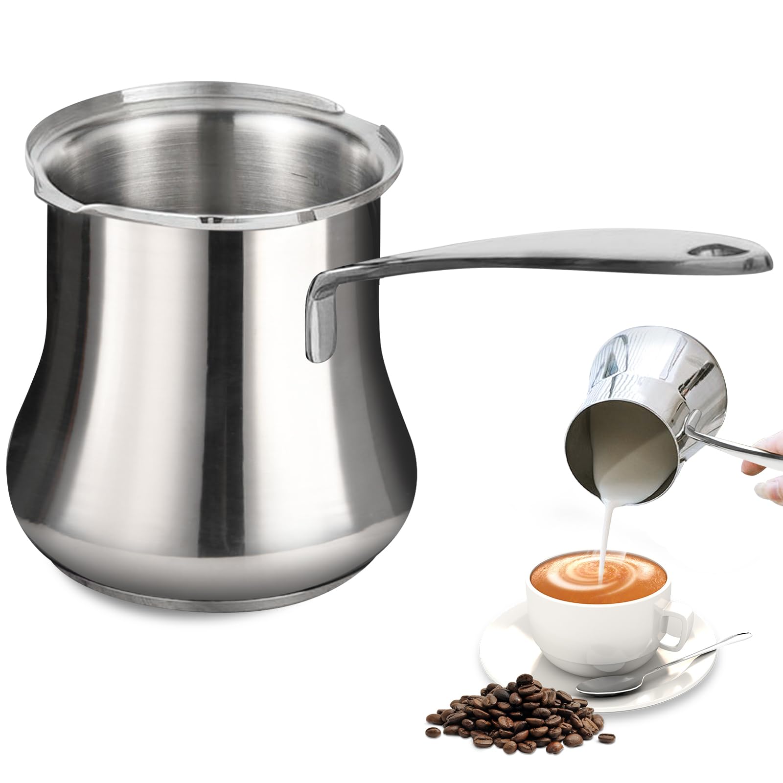 Türkische Kaffeekanne, türkische Kaffeemaschine, 500 ml Milchkanne 304 Edelstahl, Türkische Wildlederwanne, arabische Wildlederwanne für Induktionsherd, Keramikkochfelder und offene Flamme