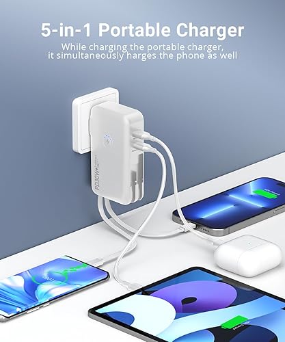 Miniatura 3 de QiSa Cargador portátil, banco de energía, banco de energía de 16000 mAh, enchufe de pared de CA integrado y cables, PD 30 W y QC4.0 cargador rápido