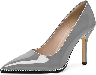 SAMMITOP Women Beaded Pumps Closed Pointed Toe High Heel Slip On Stilettos 3.5 Inch Sexy Heeled Dress Shoes Patent Leather