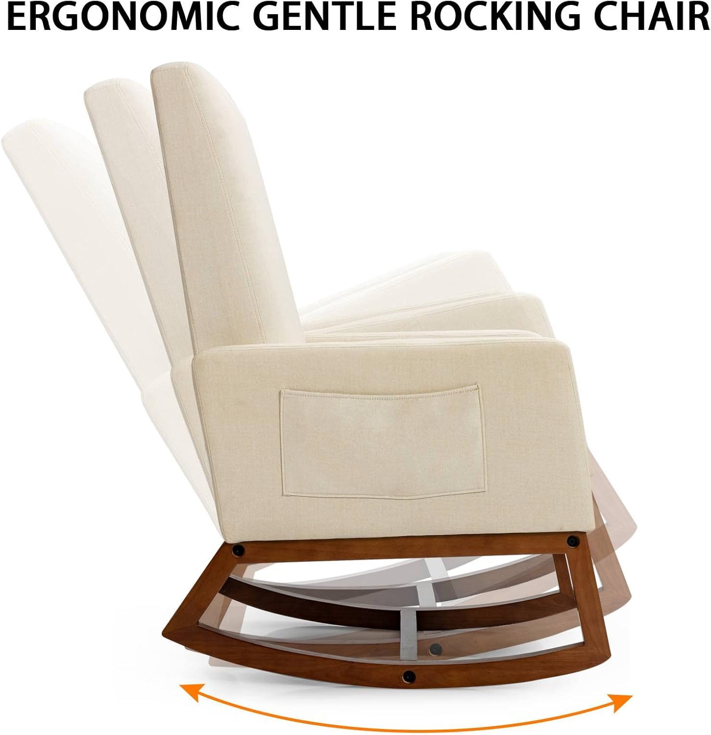 Rocking Chair, Upholstered Fabric Rocker Accent Armchair with Side Pocket, Recliner Relaxing Lounge Chair for Living Room, Bedroom, Office, Nursery (Beige)