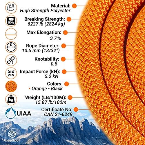 Powerful Uiaa Static Rock Climbing Rope - High Strength Static Climbing Rope - Rock Mountaineering Climbing Gear - 10.5Mm Rescue Rope - Heavy Duty Rope (Orange, 64) #TOP4