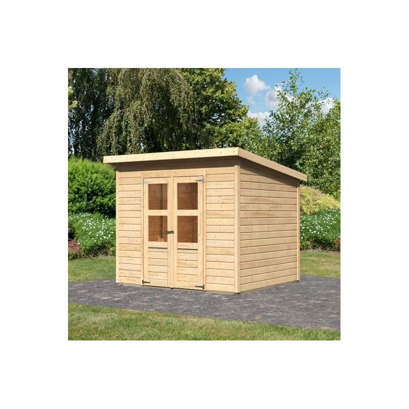 Karibu Abri de Jardin Bois Massif 5,2m² Merseburg 5 | Structure Épicéa Nordique avec Embase Autoclave | Toiture Plate, Double Porte Semi-Vitrée, Loquet...