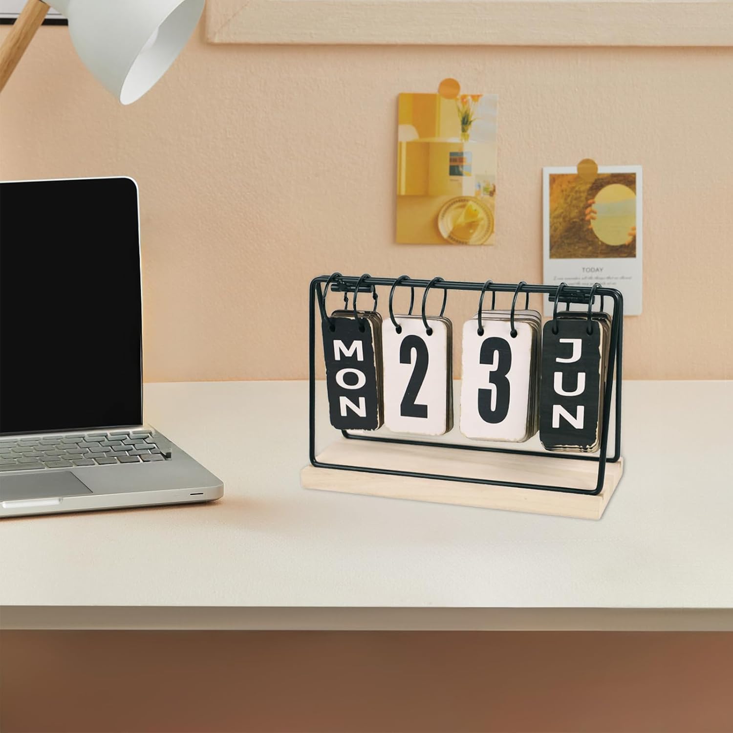 Koqye Vintage Style Metal & Wood Perpetual Flip Calendar for Desk - Large Display Reusable Foldable Desktop Calendar, Home Office Decor