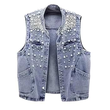 トップス soduk cross over denim vest Amazon.com: Pegsmio Women's Beaded Denim Vest Coat Summer