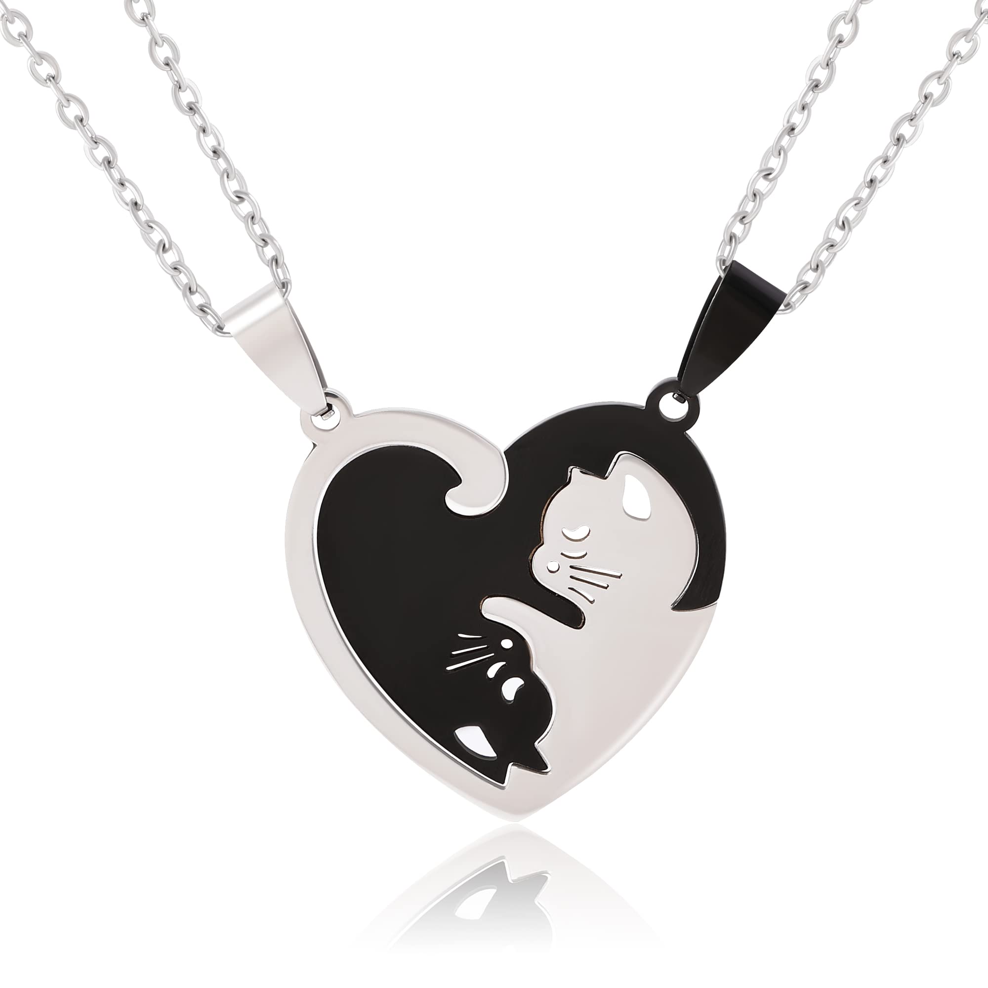 Yin Yang Couples Cat Necklace for 2, Men Stainless Steel Chain Friendship Matching Dog Necklaces for Women Trendy, Pet Cat Dog Lovers Valentines Day Gifts