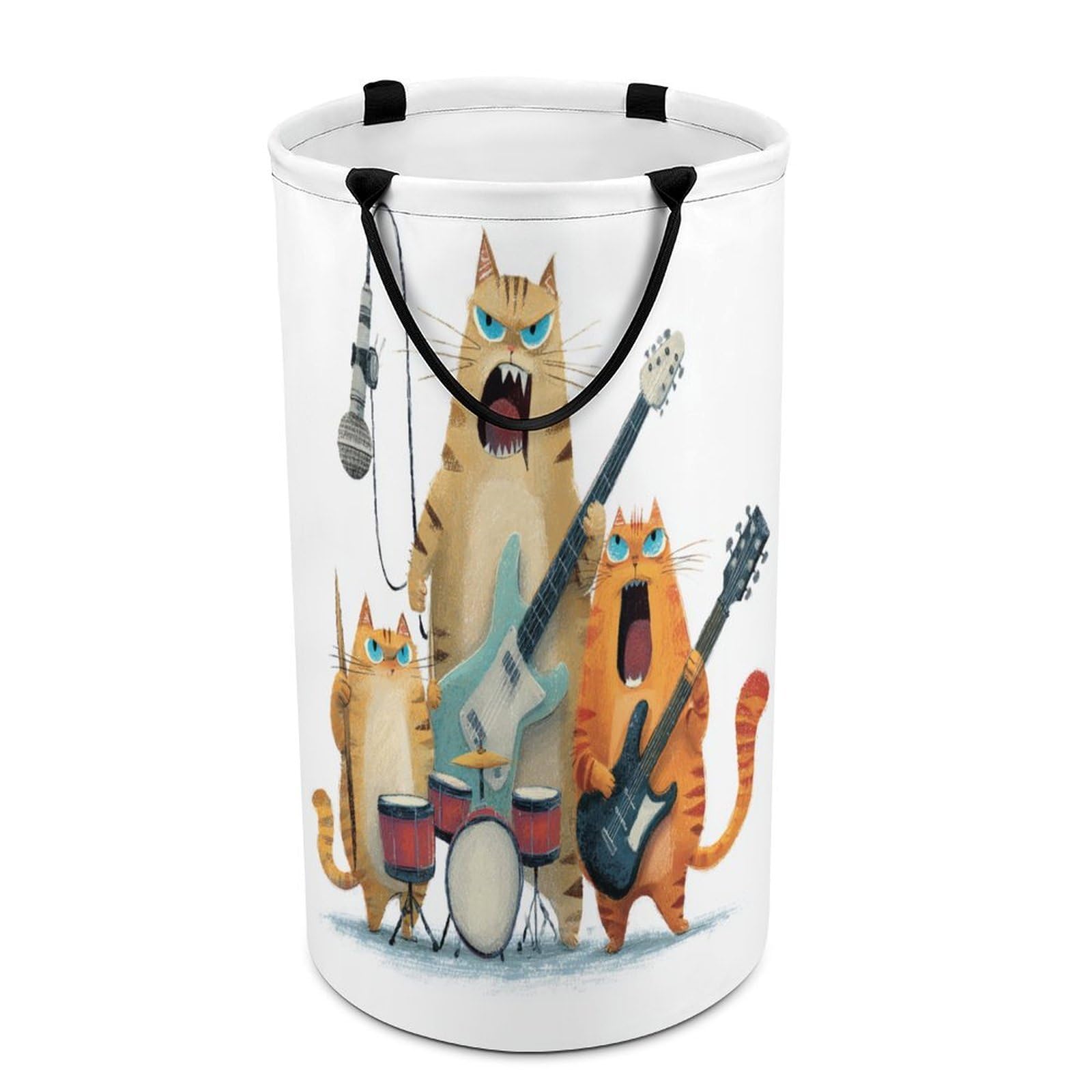 LUYYSKY Cute Cartoon Cats Bands Collapsible Dirty Clothes Basket, Funny Watercolor Music Theme Animals Kittens Pattern Portable Clothes Storage Basket