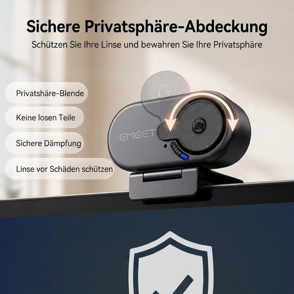 EMEET C100 Webcam 1080P, Fixfokus, 66° Sichtfeld, integriertes Mikrofon, Sichtschutzabdeckung, tragbarer Metallclip, Webcam für Homeoffice, Meetings, Streaming, Desktop, Laptop, PC