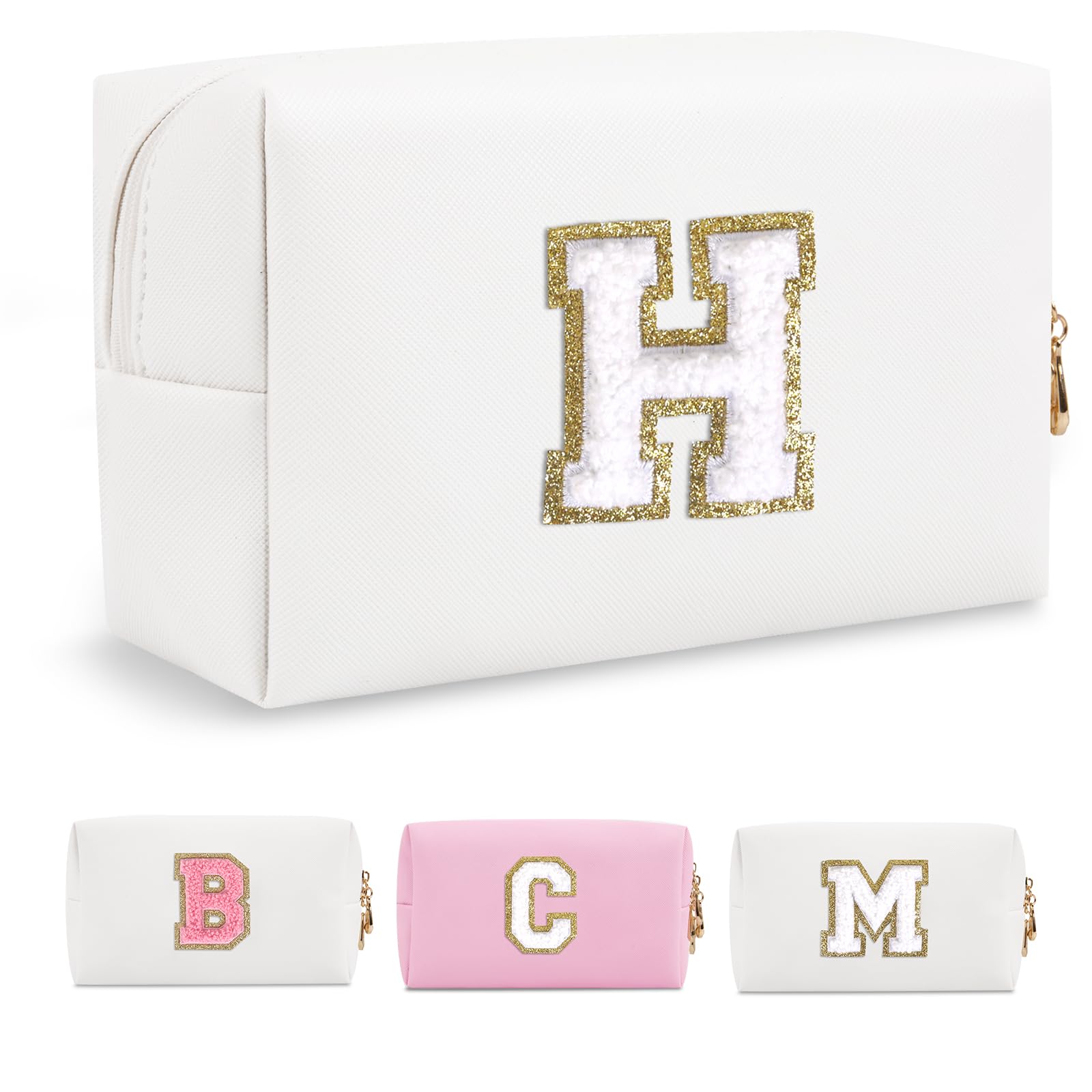 Small Personalized Initial A-Z Preppy Patch Makeup Bag,White PU Chenille Letter Travel Cosmetic Pouch with Zipper,Cute Toiletry Bag,Gift Ideal for Teen Girls Women Teacher Bridesmaid,Letter H