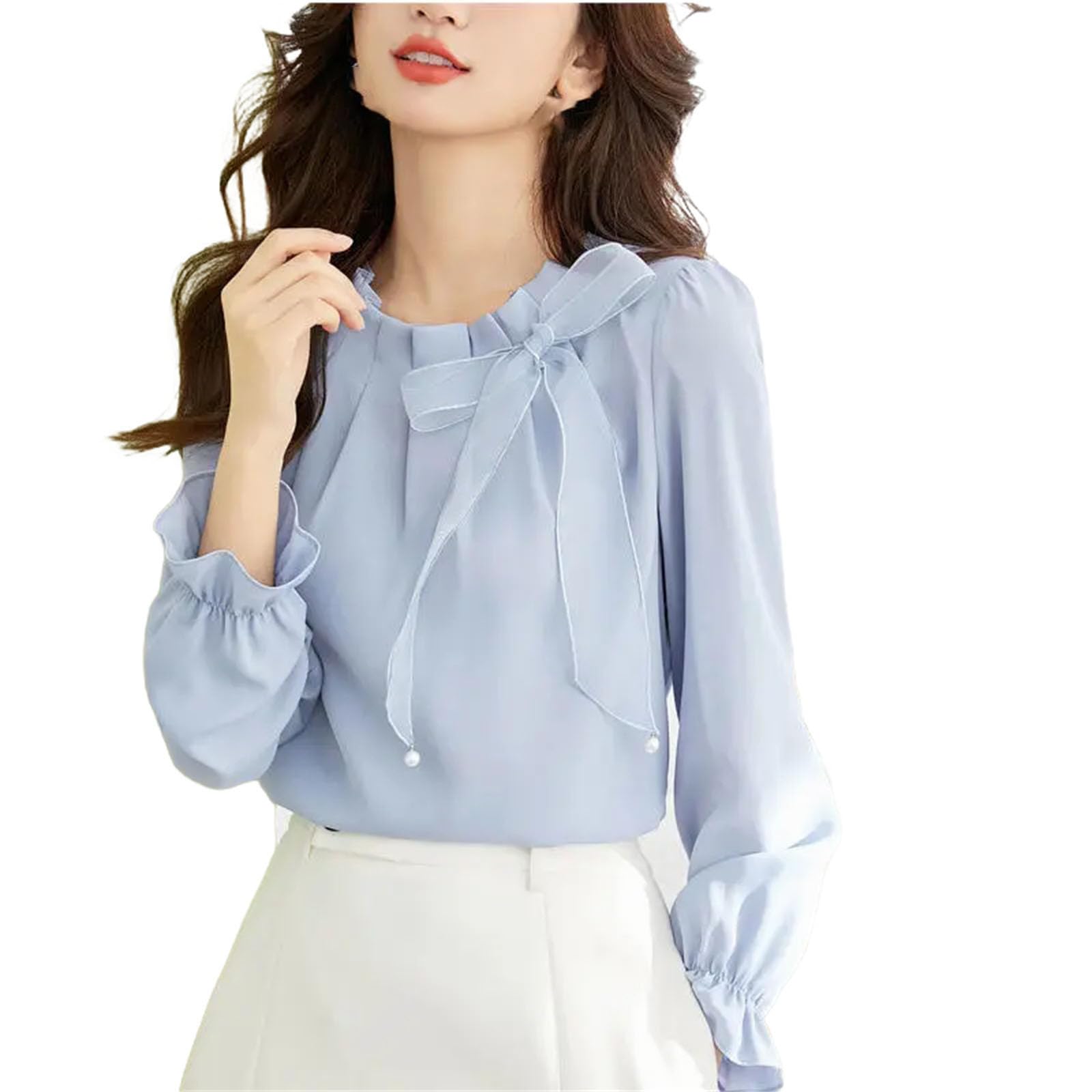 Blusa de gasa plisada con lazo y cuello redondo para mujer, diseño de color sólido, camiseta de manga larga que combina con todo
