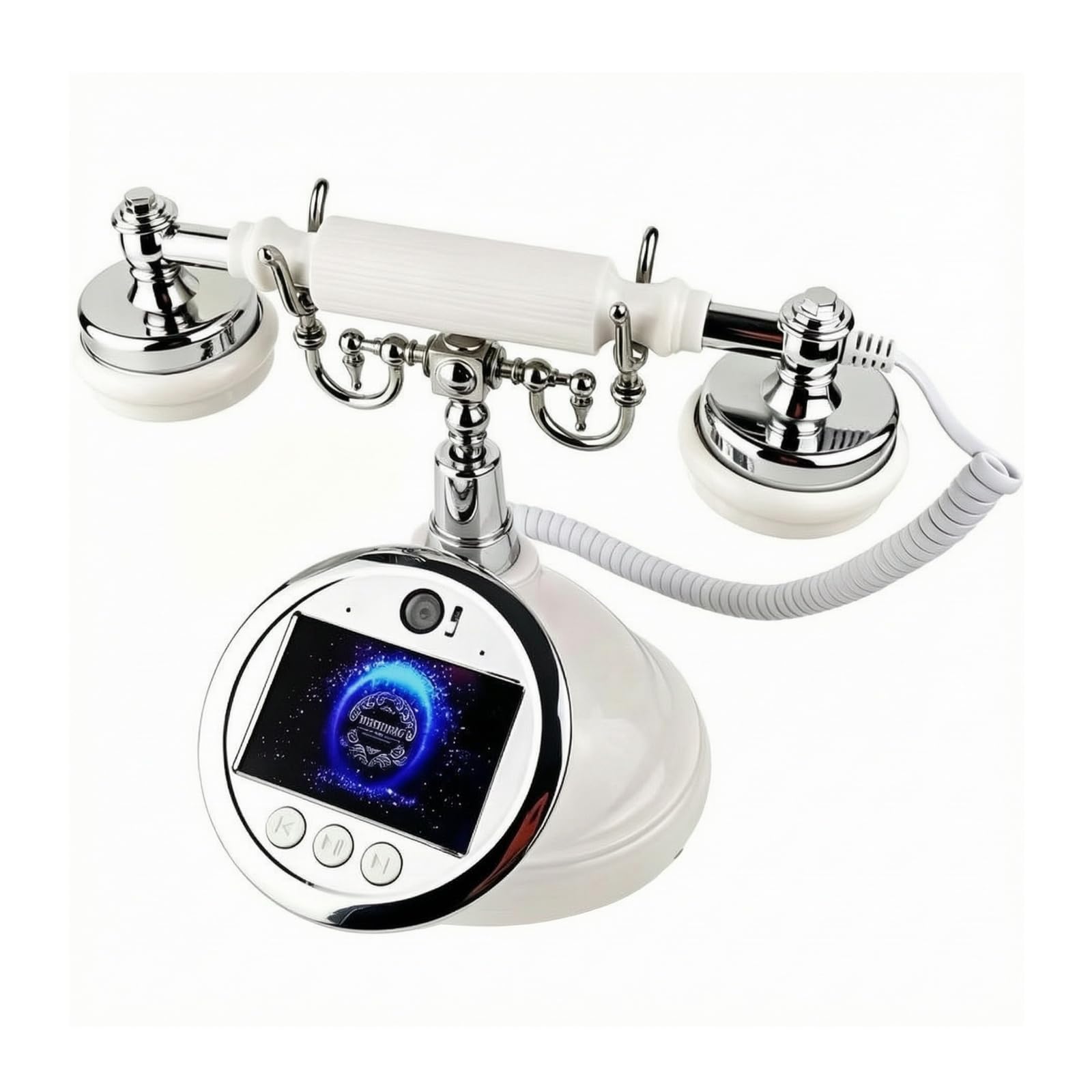 Téléphone Vidéo Livre d'Or Invité Terminal Écran Métal Forme Classique de Bureau Boutons Ronds Sous l'Écran Souvenirs Vidéo Durables Adapté aux Mariages Réceptions Célébrations Familiales , Blanc