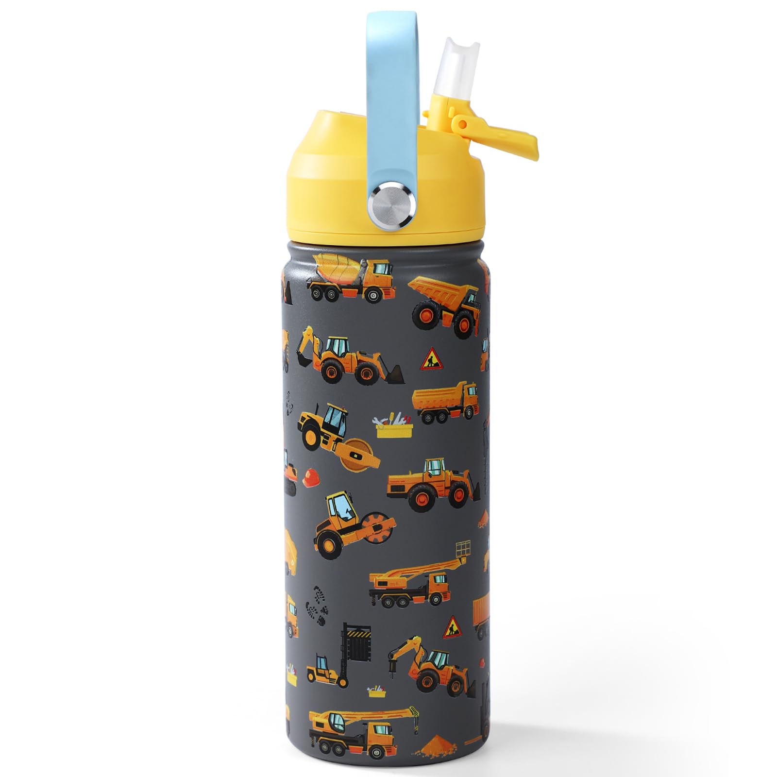 HISOKOI Kids Insulated Water Bottle with Straw 18oz - 18/8 Stainless Steel Toddler Water Bottle for School Travel Boys Girls (Engineering Vehicle)