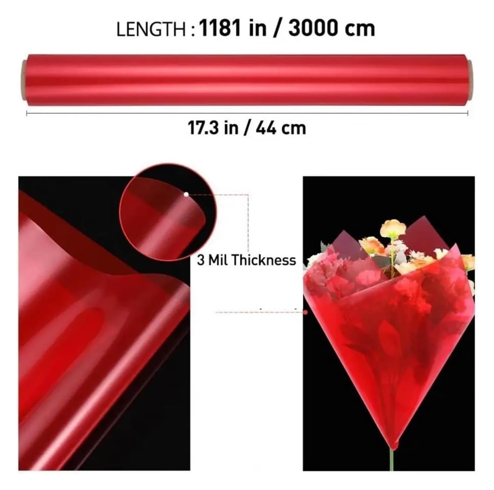 Pellicola da regalo in cellophane, Involucro di cellophane multicolore 40 cm x 30 m(Red)