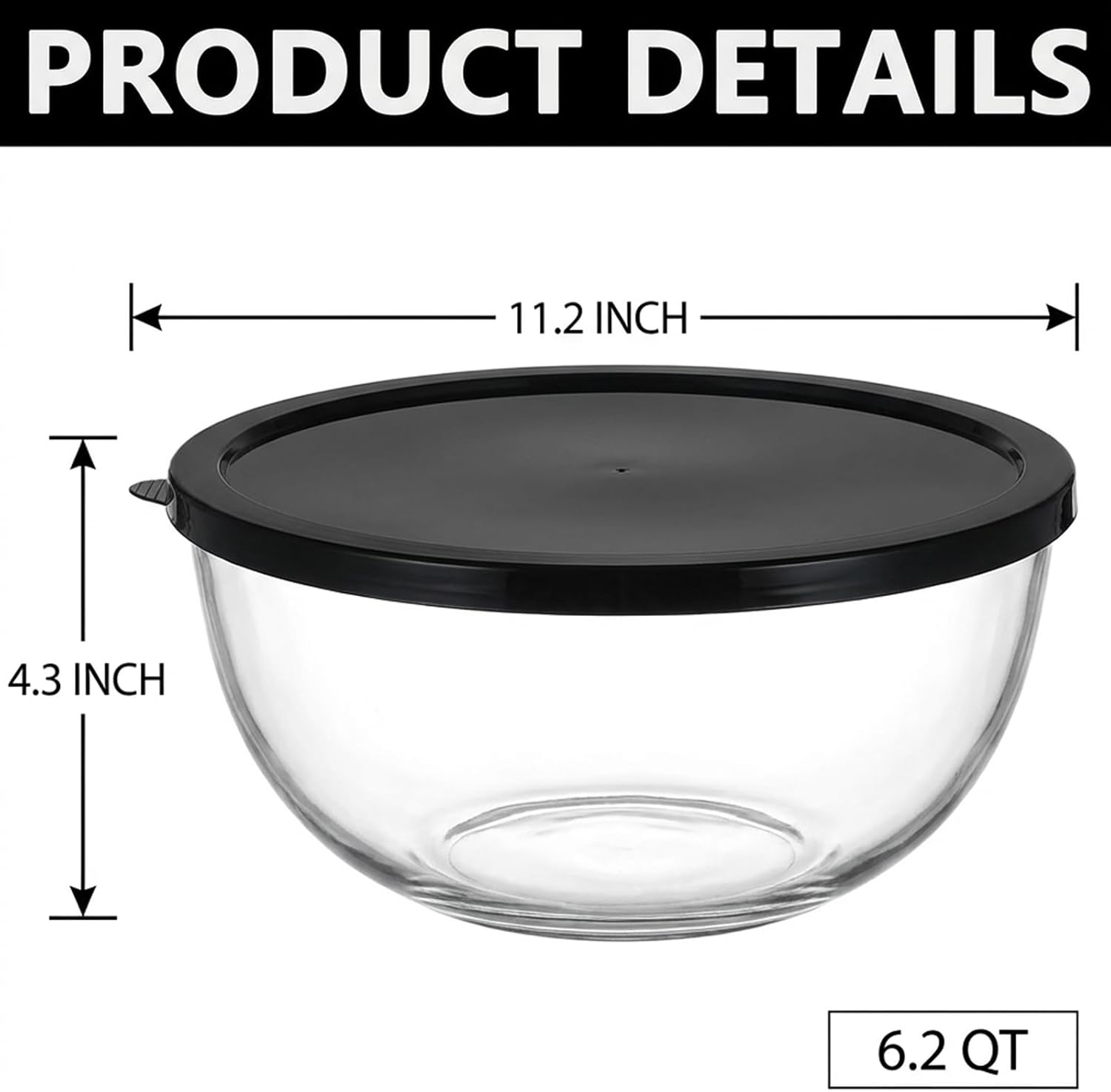 Large Glass Mixing Bowl for Sourdough, 6.2QT with Lid – Big Capacity Clear Bowl for Sourdough, Baking, Salad Prep & Food Storage