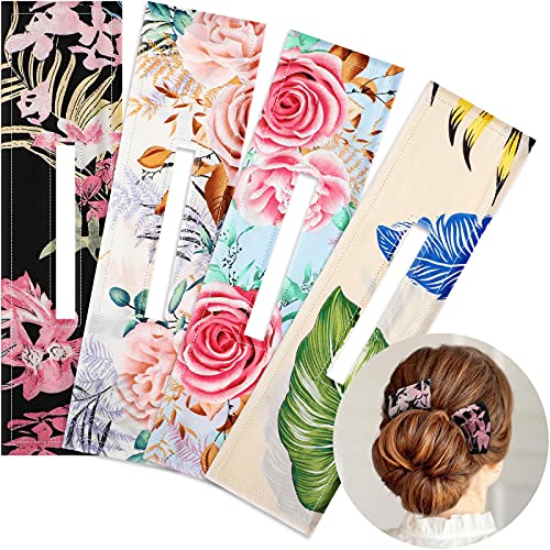 4 Pieces Deft Bun Hair Bun Maker Deft Bun for Hair Classy Multicolor Cloth Magic Clip Knotted Wire Headband Print Hairpin French Twist Hairstyle Donut Bun Former Maker Hairstyle (Elegant Flowers)