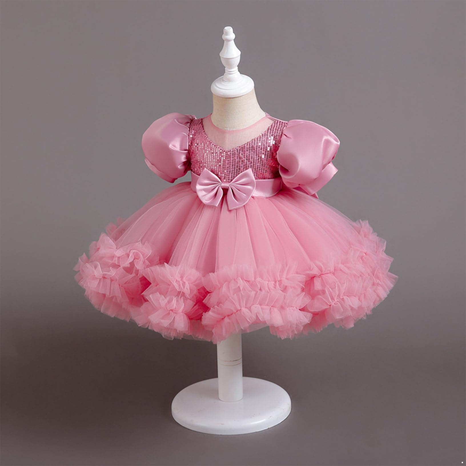 Kaerm Toddler Girls Puff Sleeves Tulle Bowknot Ball Gown Wedding Birthday Party Princess Dress Pink C 18-24 Months