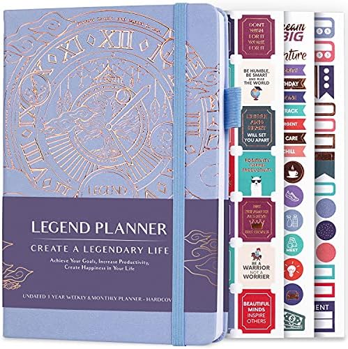 Legend Planner – Deluxe Weekly & Monthly Life Planner to Hit Your Goals & Live Happier. Organizer Notebook & Productivity Journal. A5 Hardcover, Undated – Start Any Time + Stickers – Periwinkle Gold