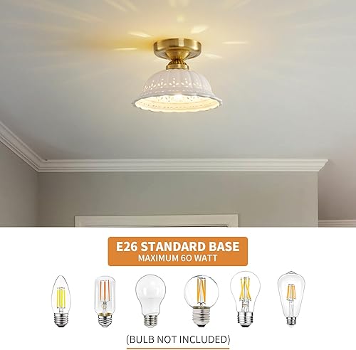 Miniatura 8 de Lámpara de techo semiempotrada de cerámica vintage, paquete de 2, lámpara dorada para pasillo, pequeña lámpara de techo de mediados de siglo,