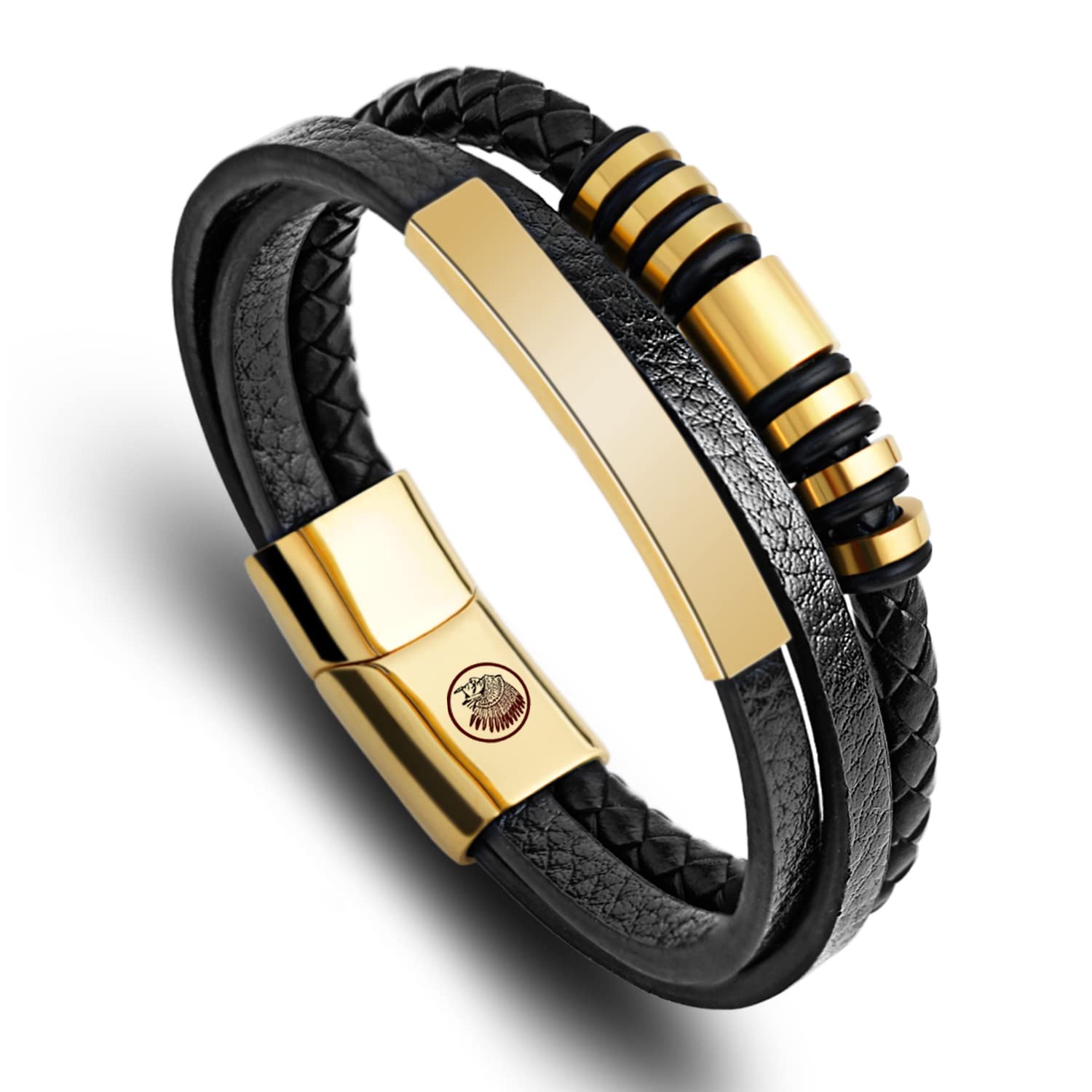 Casisto.JMens Leather Bracelet – Classic Handmade Braided Black Silver Gold Cuff Bracelet with Magnetic Clasp FREE Jewelry GIFT BOX (Gold, 22.00)