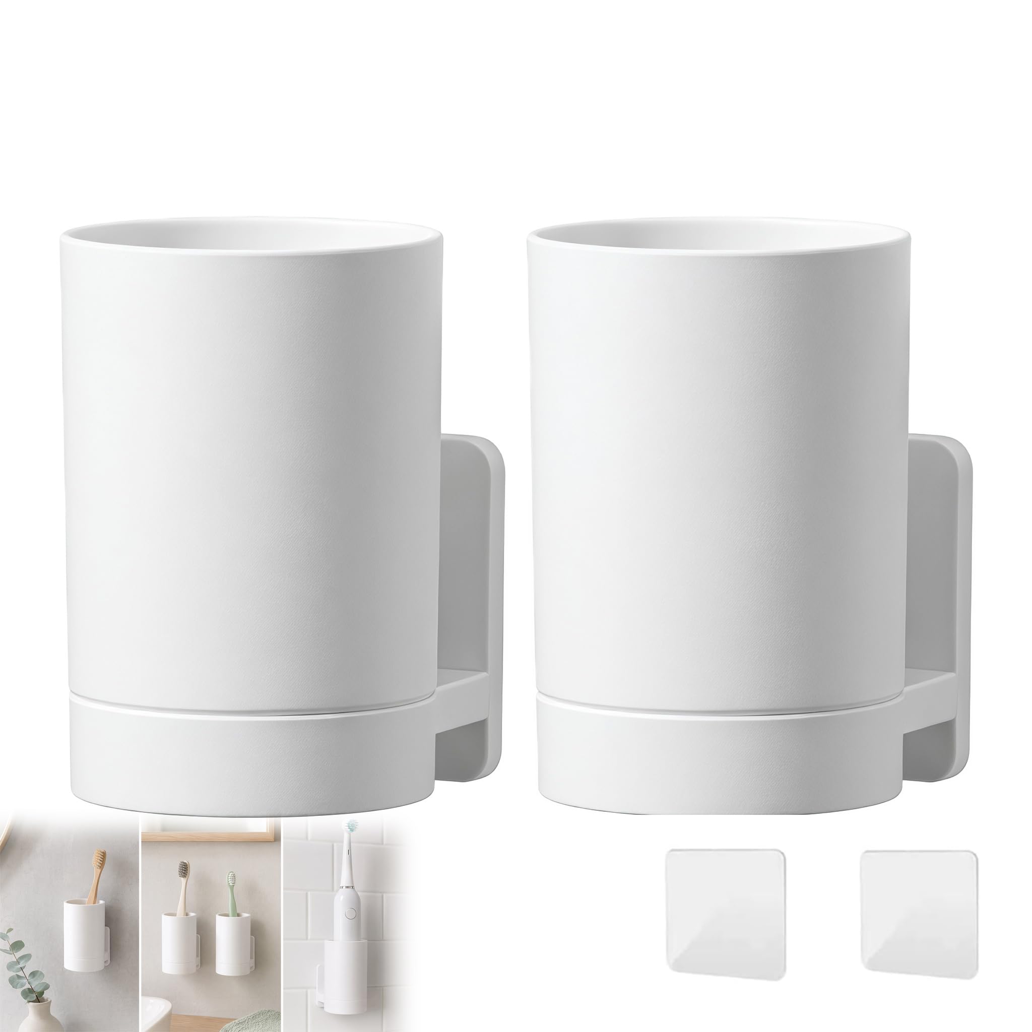 2 Pcs Wall Mounted Toothbrush Holder, Self Adhesive Tooth Brushing Holder Multifunction Tooth Mug Toothpaste Accessories Sets No Drilling for Home Bathroom Accessories(White)