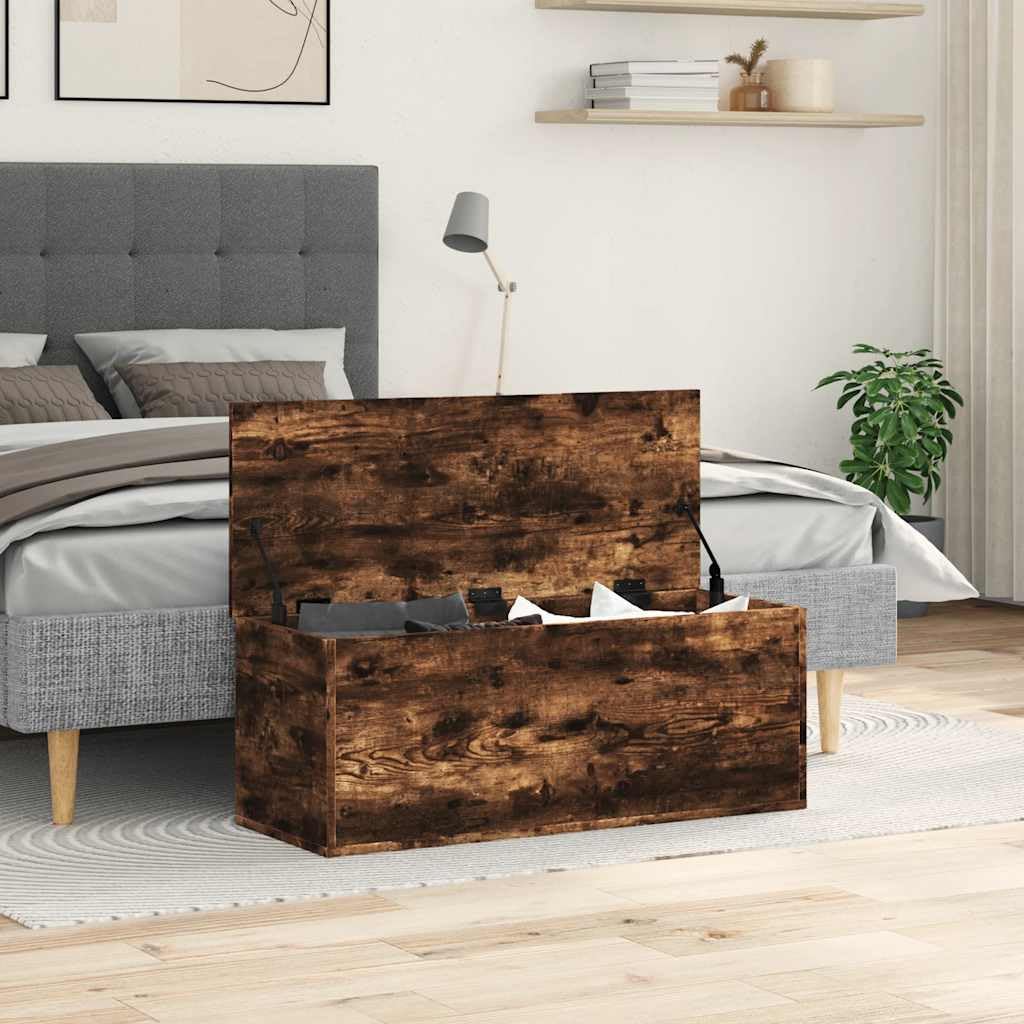 Baúl de almacenamiento de madera en roble ahumado, 90 x 35 x 35 cm, con tapa para abrir y cerrar fácilmente, mucho espacio para ropa y mantas, también como mesa de café