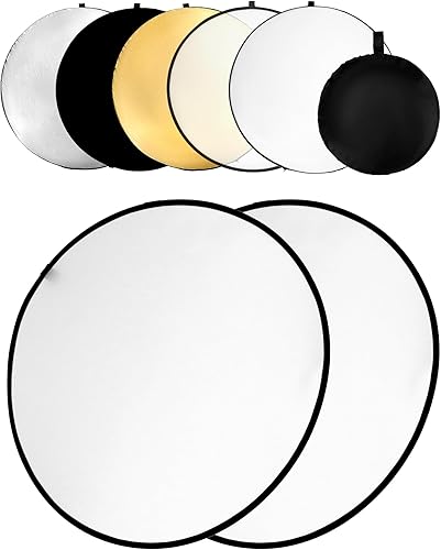 QWORK Reflector de luz reflector de fotografía 5 en 1, paquete de 2 reflectores de luz circulares plegables, translúcido, plateado, dorado, blanco y
