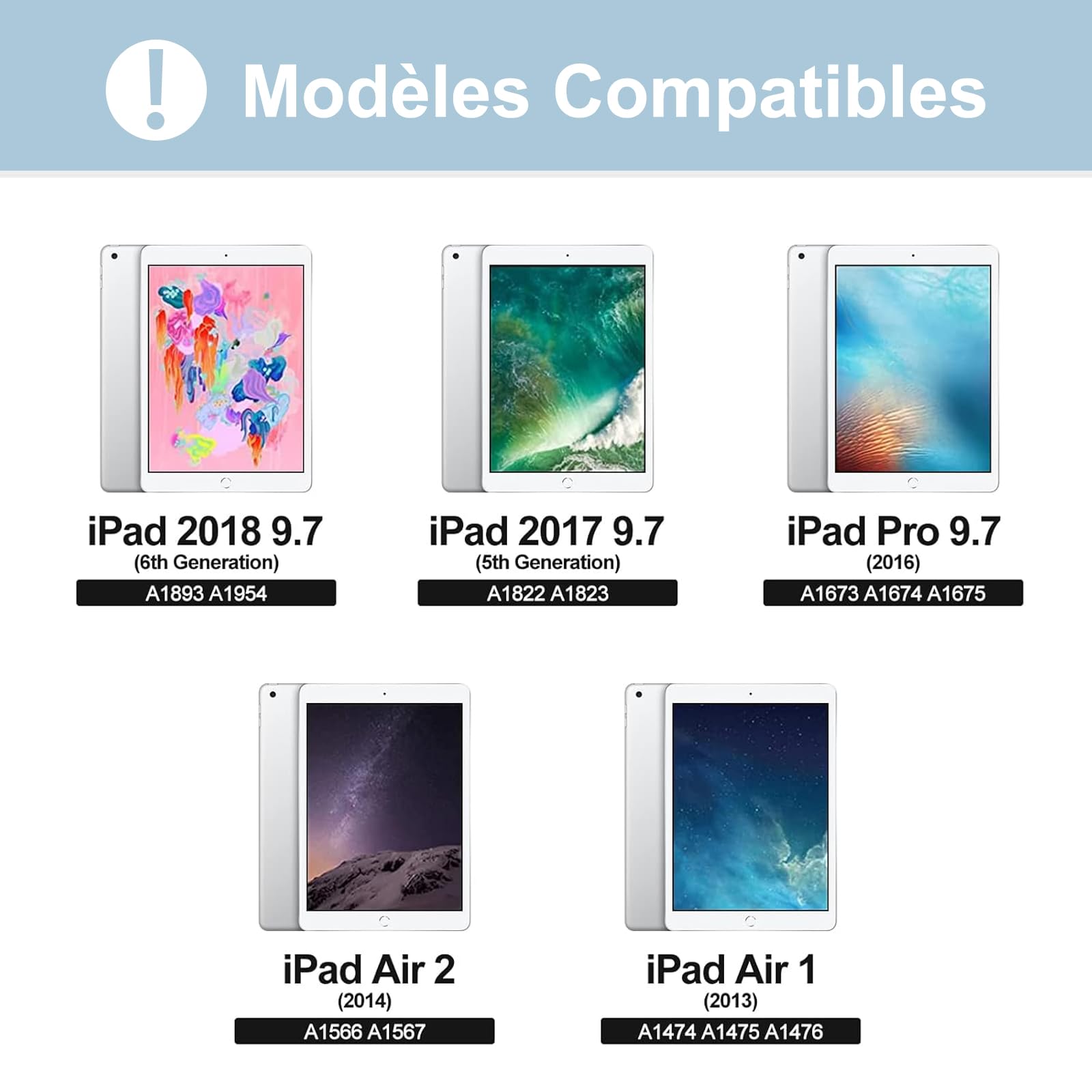 Coque Clavier pour iPad 6e/5e Génération 9.7 Pouces, AZERTY Français Housse Clavier Bluetooth Magnétique Détachable avec Porte Crayon pour iPad 2018/2017 9.7", Air 2/1, Pro 9.7 2016, Bleu Ciel