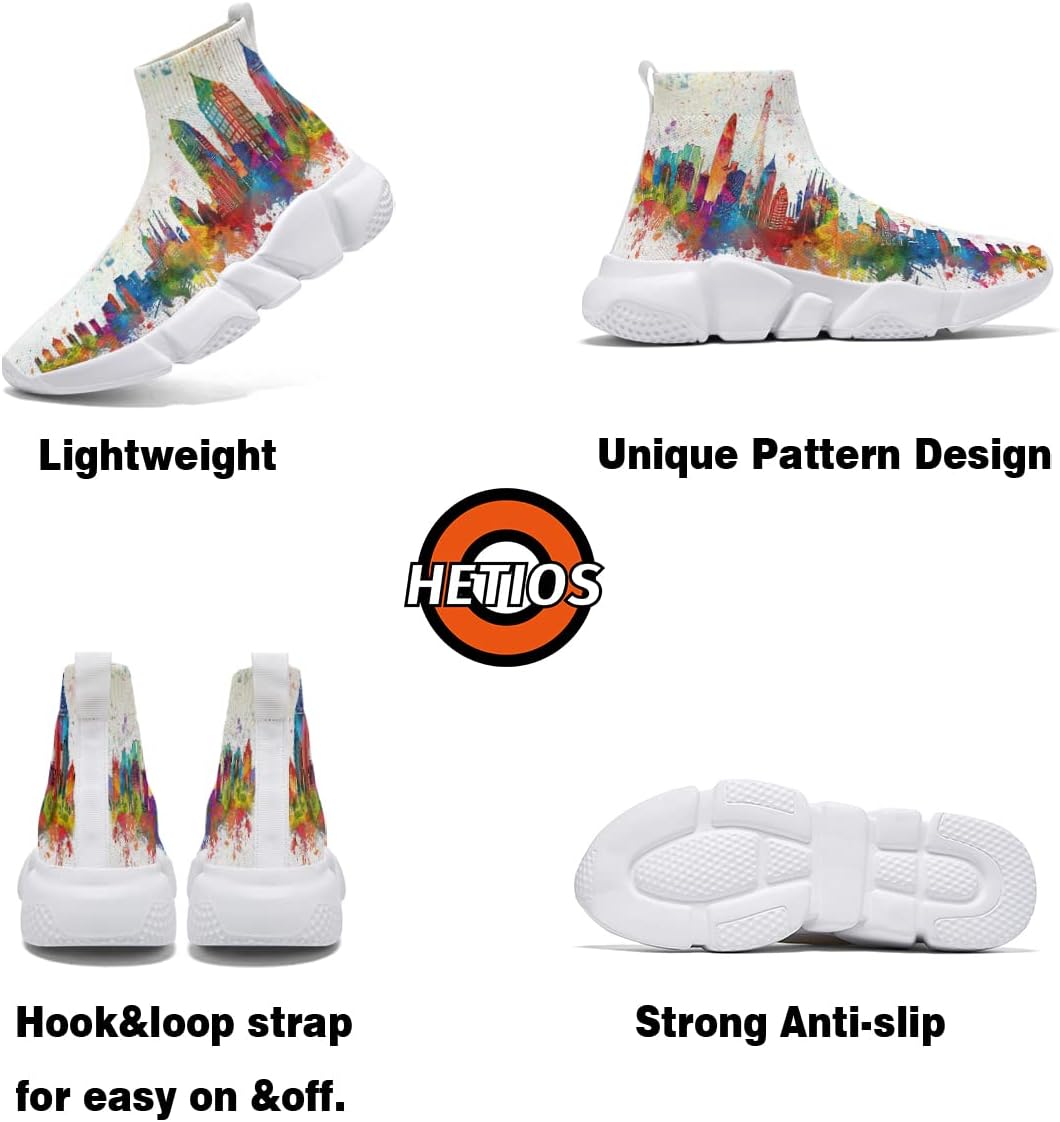 Hetios Running Sneakers for Men Women Fashionable Casual Neon City Watercolor Sock Shoes White