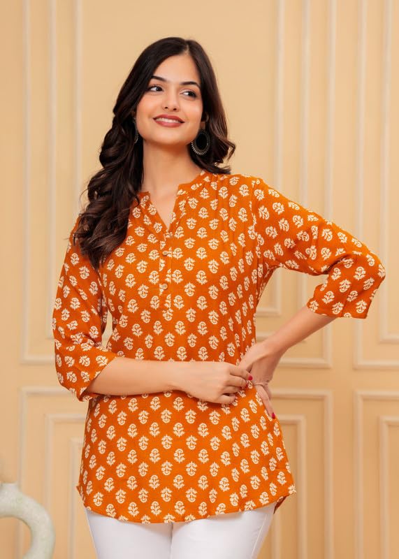 Image of Women's Cotton Printed Kurta Top | 3 /4 Sleeve Straight Kurti Casual Outings