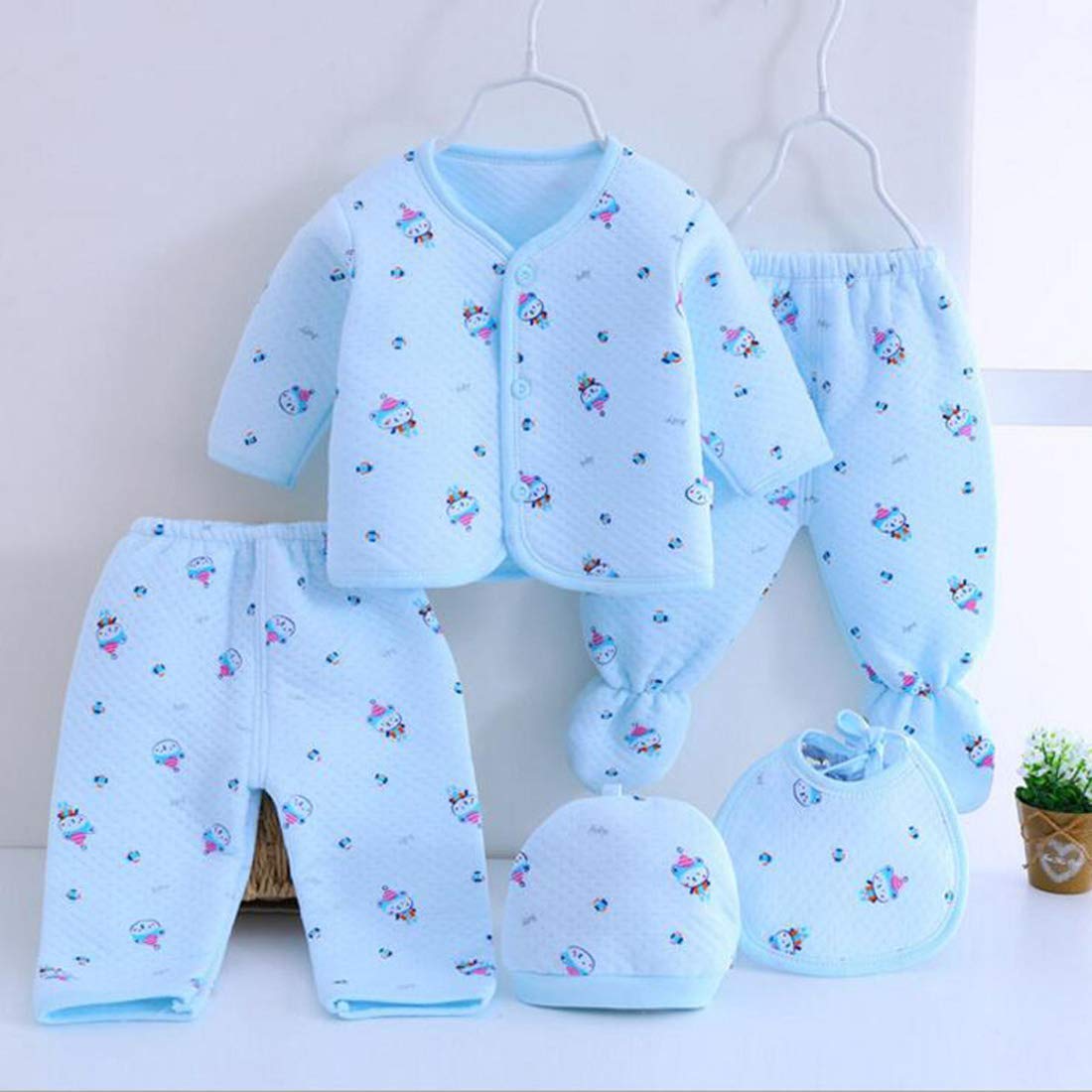 Fancy WalasFancy Walas Born Baby Winter Wear 5Pcs Cotton Fleece Printed Set | Unisex Infant Clothing with Cartoon Printing | Blue, 0-3 Months