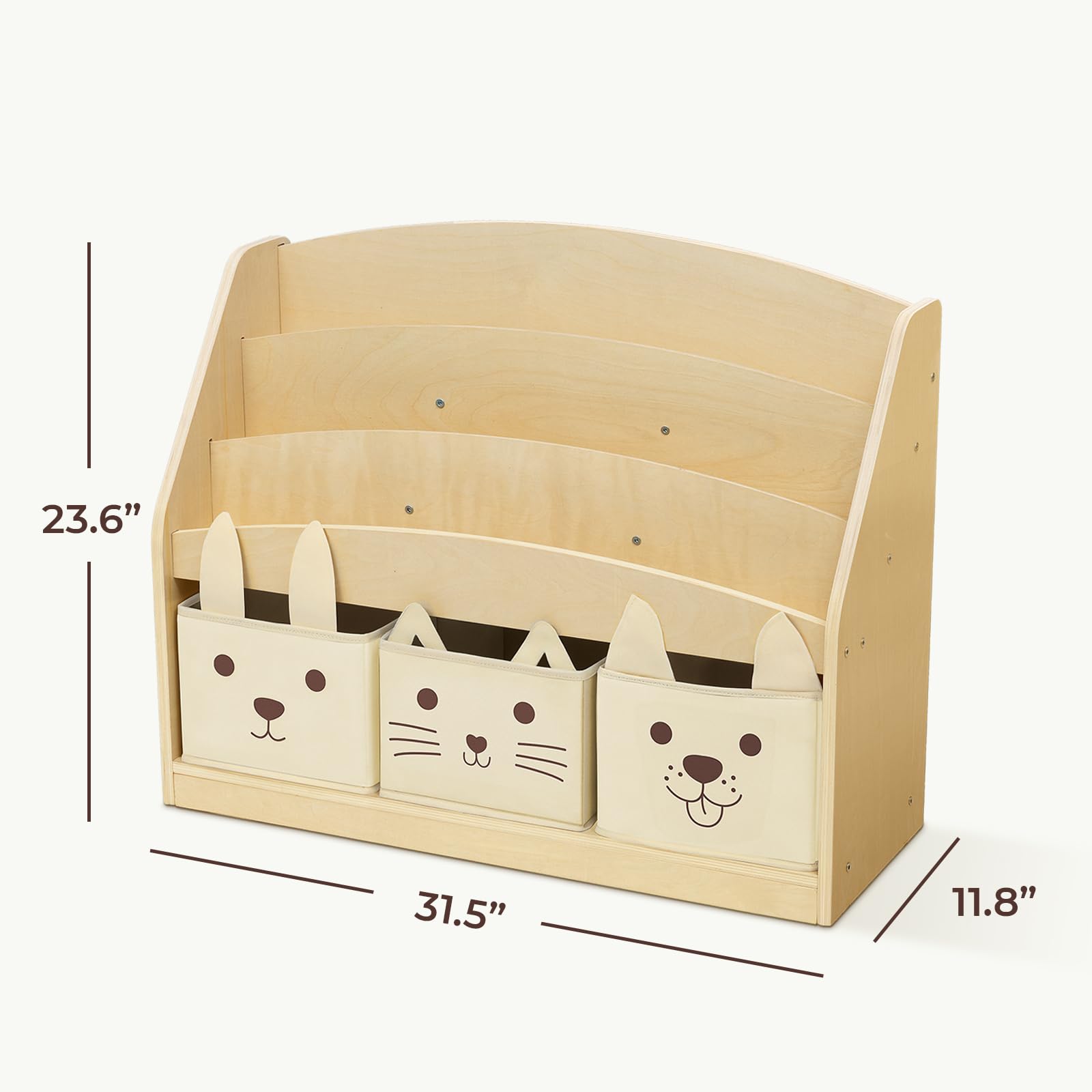 OOOK 3-Tier Kids Bookshelf with 3 Removable Fabric Storage Bins, Front Facing Toddler Montessori Bookshelf, Wooden Bookcase for Kidsroom, Classroom, Playroom, Nursery - 3