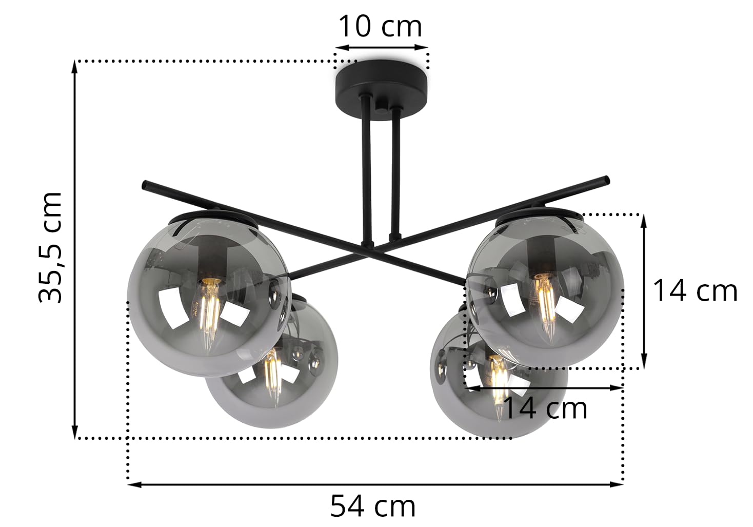 Light-Home Modena wiszący żyrandol - Nowoczesna lampa na sufit - oprawa do sypialni salonu i kuchni w stylu loft nowoczesny - metal i klosz szkło mleczne - E14 z 4 punktami światła - czarny