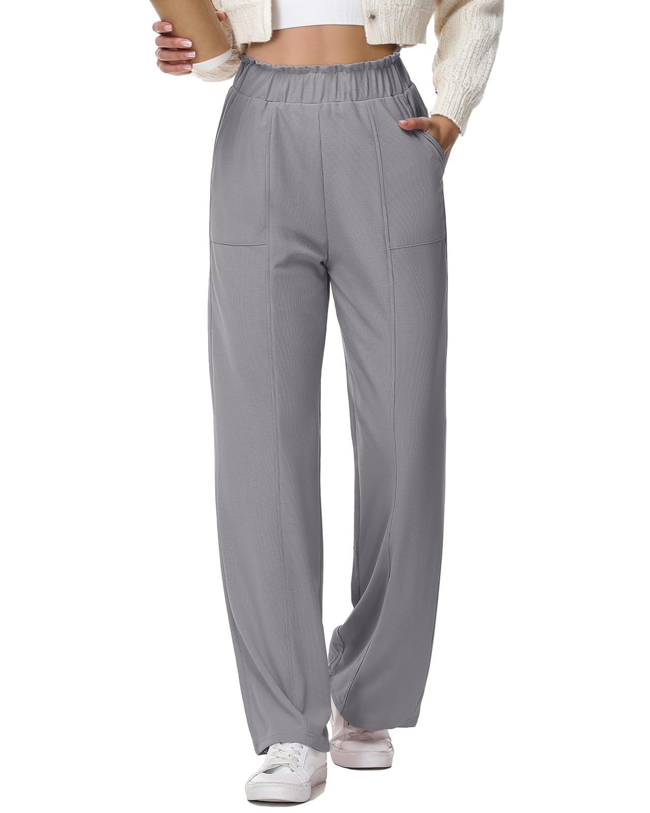 HMIYA Weite Hosen Damen-Waffel 2026 Neu Lässig Stoffhose Hohe Taille Leichte Palazzohose mit Tasche