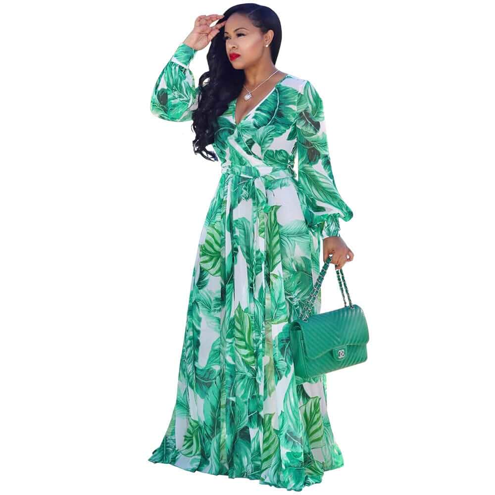 Nuofengkudu Womens Chiffon Deep V-Neck Maxi Dress Summer Boho Dresses(S-5XL) Long Sleeve