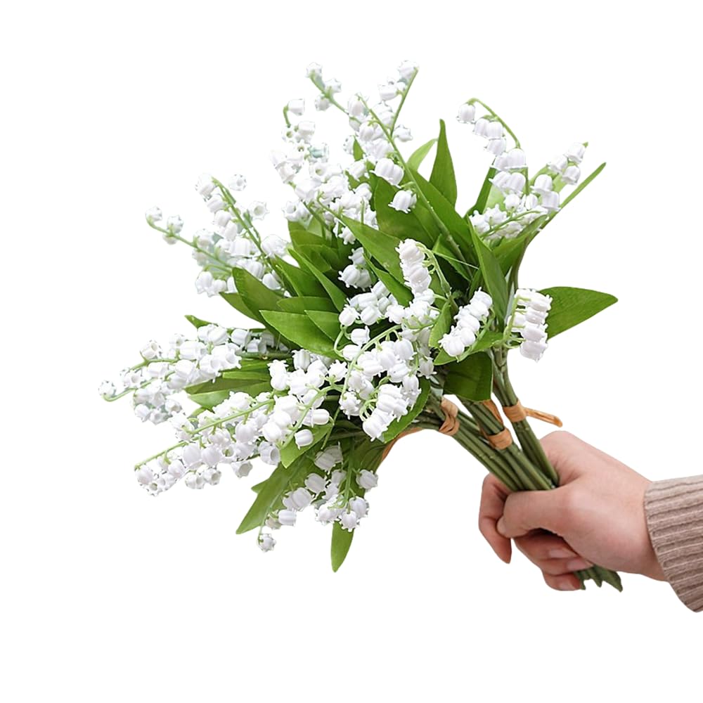 24Pcs Lily of The Valley Plastic Flower, Artificial White Bell Orchids,Artificial Flowers Bridal Wedding Bouquet for Home Garden Party Wedding Decoration (White)