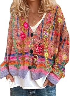 Sponsored Ad - Akivide Women's Colorful Floral Print Long Sleeve Cardigan Casual Loose Open Front Button Down V Neck Knitt...