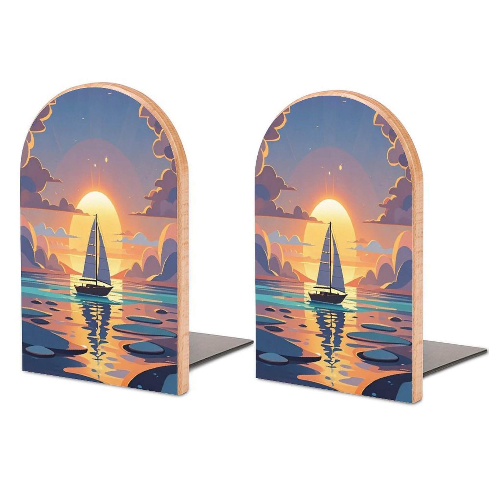 Sunset and Sailboat Bookend for Shelves Wooden Book End Sturdy Book Holders Stoppers with Metal Base for Bookshelves Slick Decorative Bookends Stands